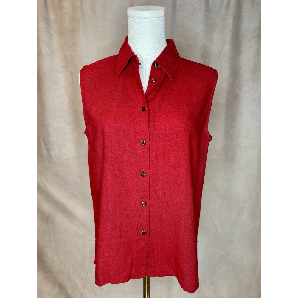Vtg Marsh Landing Red Linen Blend Sleeveless Blouse Medium Button Front Top
